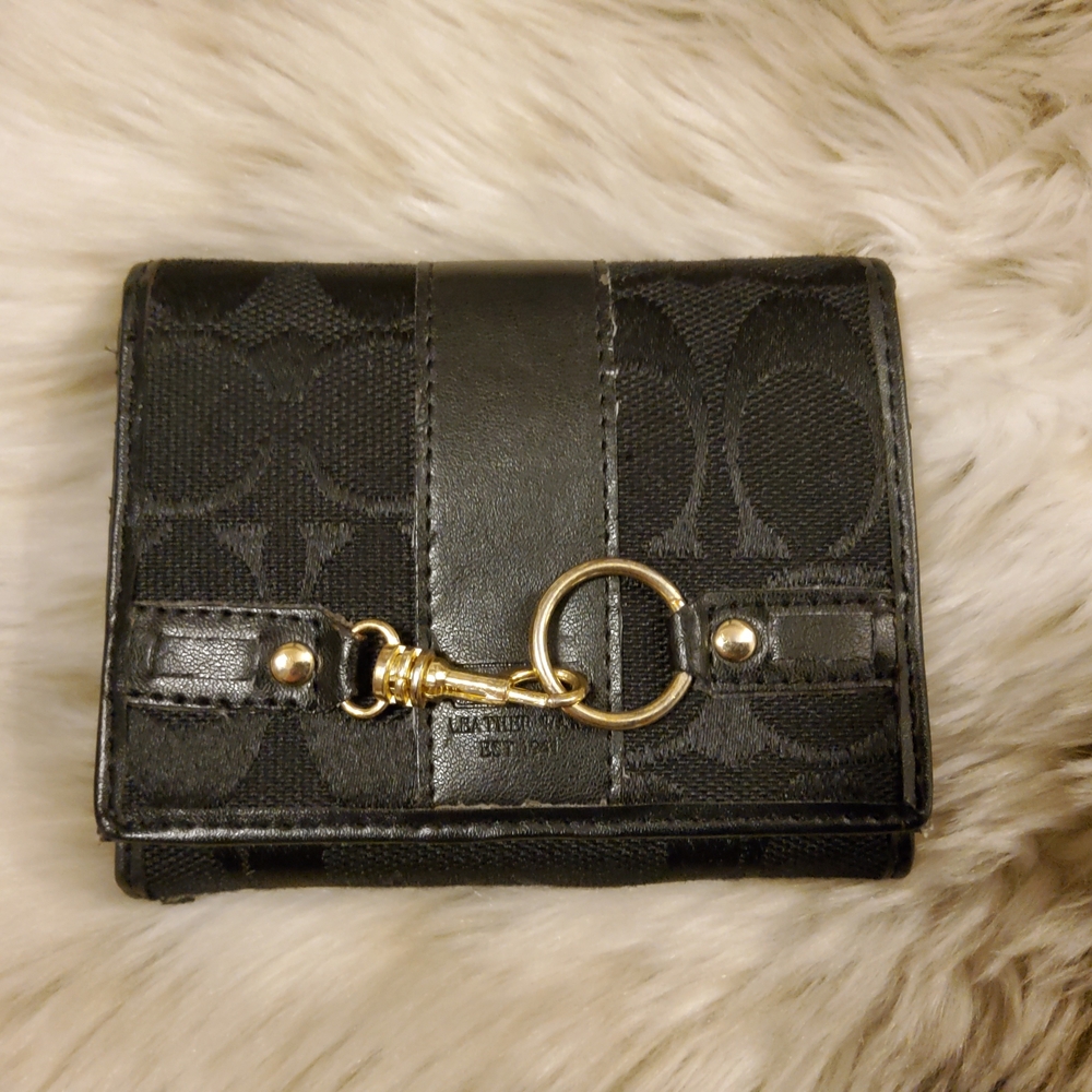 Coach Black Signature Canvas Trifold Wallet with Gold Hardware